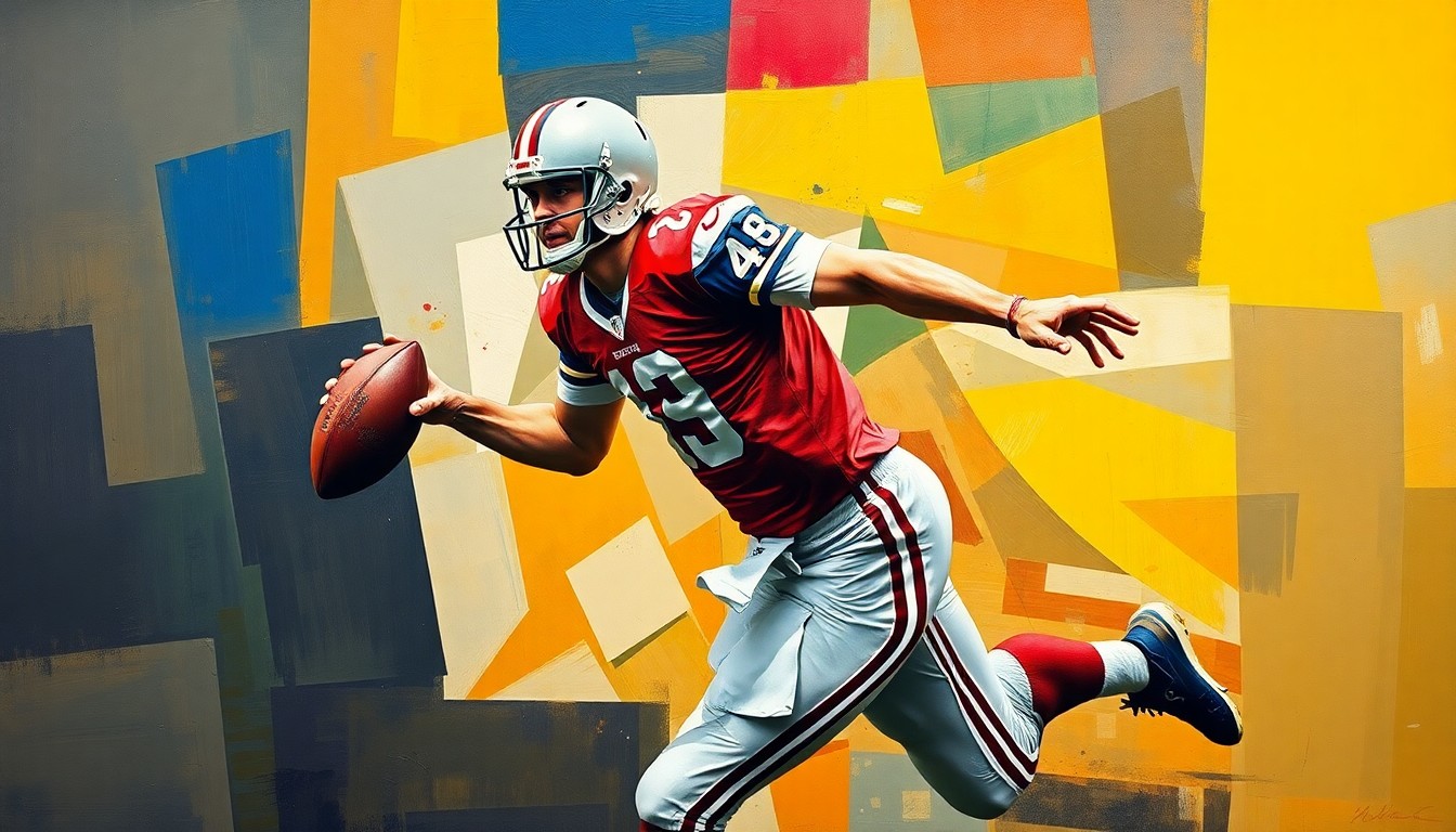 A fragmented, geometric painting depicting a football quarterback in motion, with sharp, overlapping planes of color and form conceptually representing the uncertainty of Mahomes' return to the field.