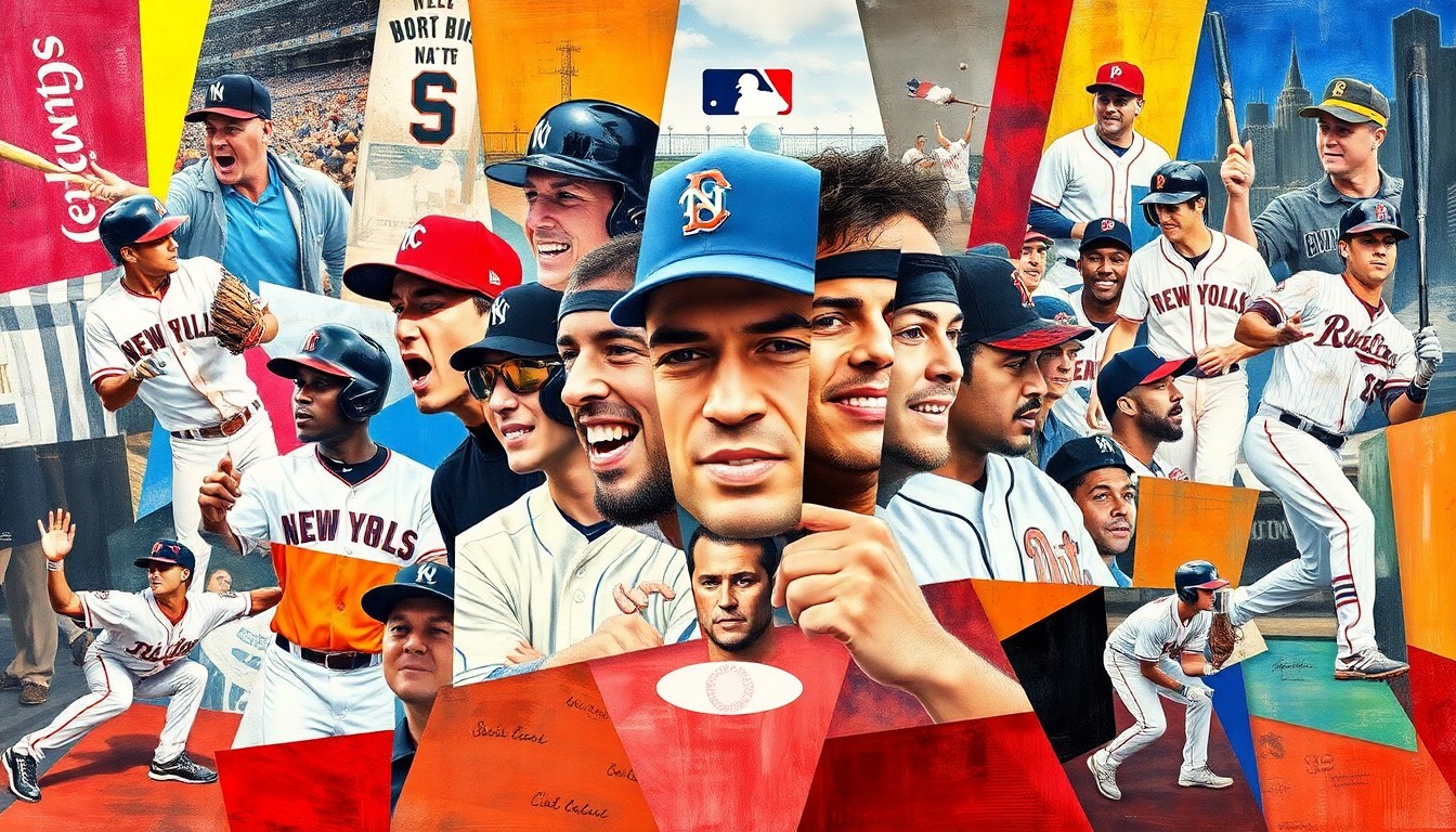 A cubist-style painting depicting fragmented, geometric shapes and planes representing various baseball players, teams, and actions, conveying the complex and dynamic nature of the MLB offseason.