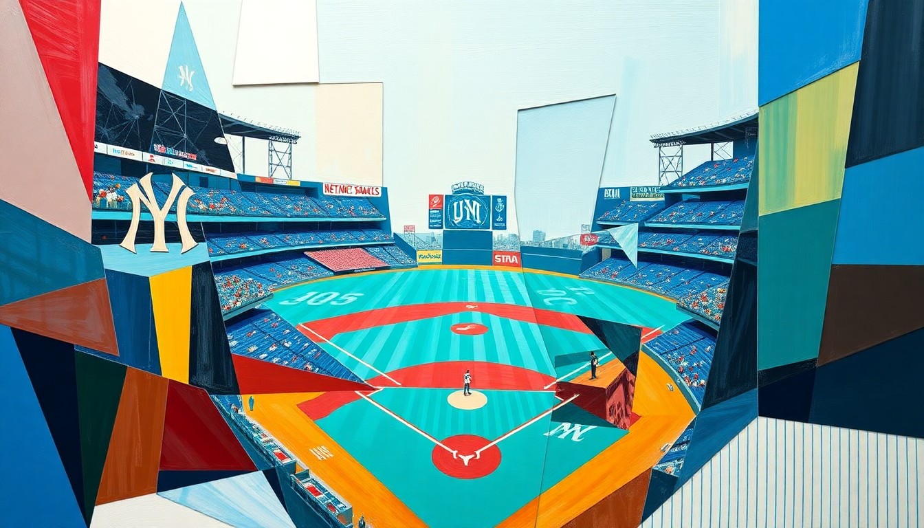 A fragmented, geometric painting depicting a baseball game in progress, with the players and field broken down into sharp, overlapping shapes and planes of teal, navy, and white.