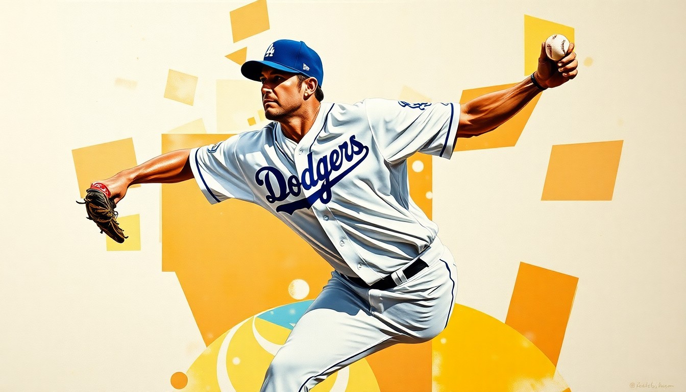 A cubist-style painting depicting a Dodgers pitcher's throwing motion broken down into sharp, overlapping geometric shapes in shades of blue, red, and yellow, conveying the complex and fragmented nature of the recovery process.