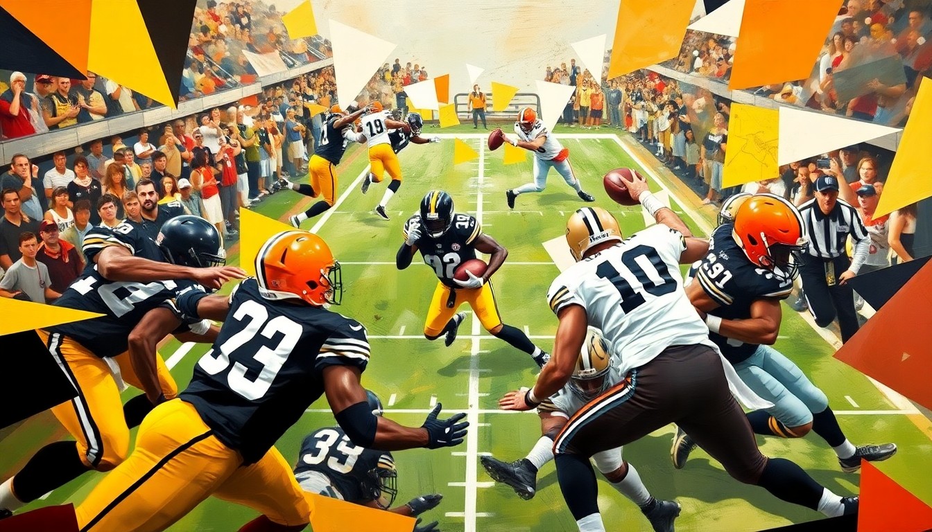 A fractured, multi-perspective painting depicting a football game between the Pittsburgh Steelers and Cleveland Browns, with the players' forms abstracted into sharp, overlapping geometric planes that capture the dynamic motion and energy of the game.
