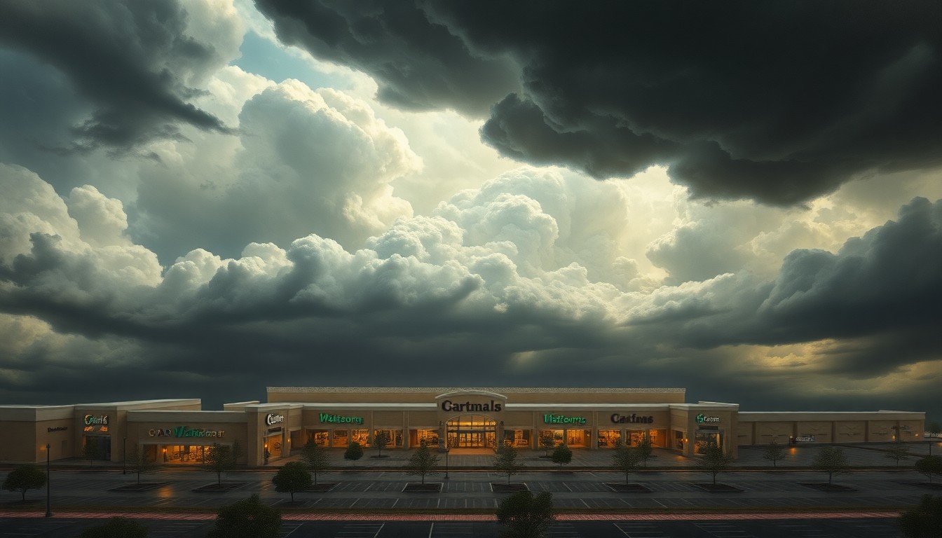 A sweeping, atmospheric landscape painting in muted tones, with a partially obscured shopping mall complex dwarfed by an overwhelming storm system of heavy clouds and dramatic lighting, conveying the fragility of modern retail spaces when faced with infrastructure disruptions.