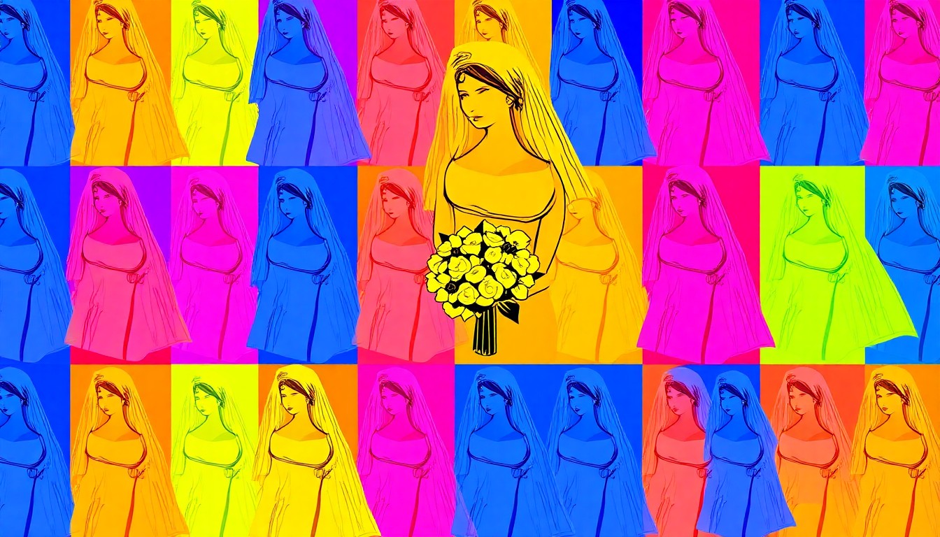 A vibrant, high-contrast silkscreen print featuring a repeated pattern of a bridal veil in neon pink, yellow, and blue hues, capturing the energy and creativity of the bridal fashion industry.