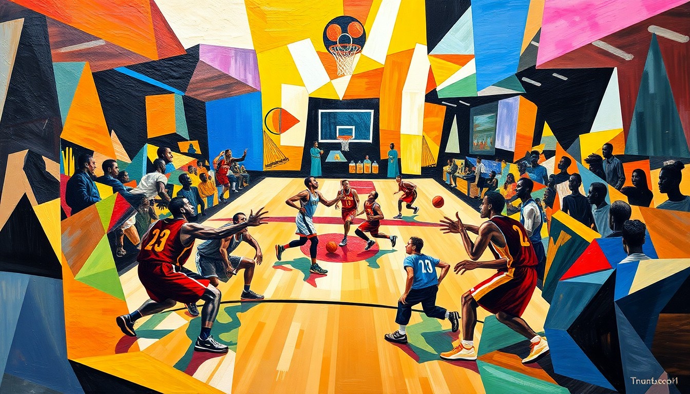 A cubist-style painting depicting a basketball game or match, with the players' forms broken down into sharp, overlapping geometric shapes in a vibrant color palette, capturing the dynamic energy and movement of the sport.