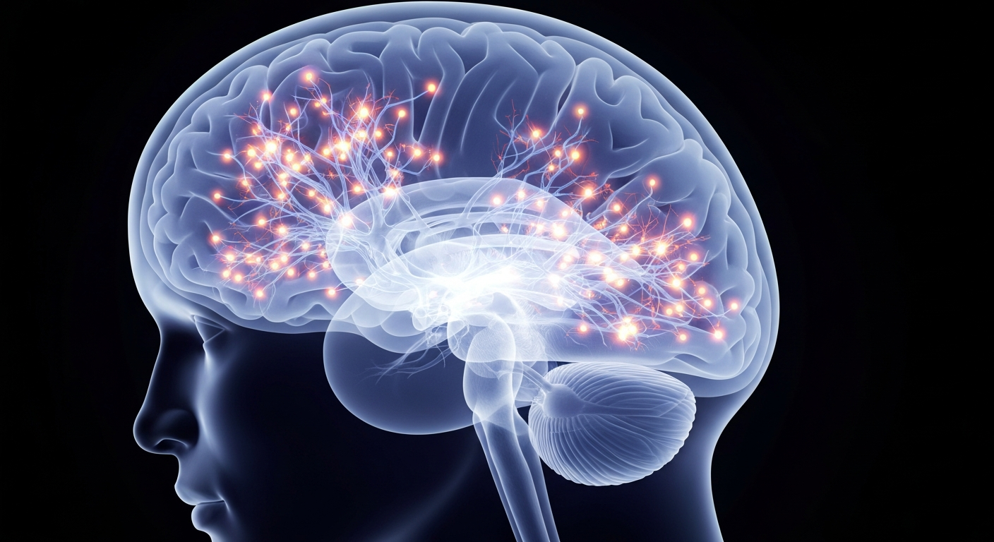 A translucent, ghostly X-ray photograph of an active human brain, with glowing neural pathways and synapses, conveying the inner workings and potential of the mind.