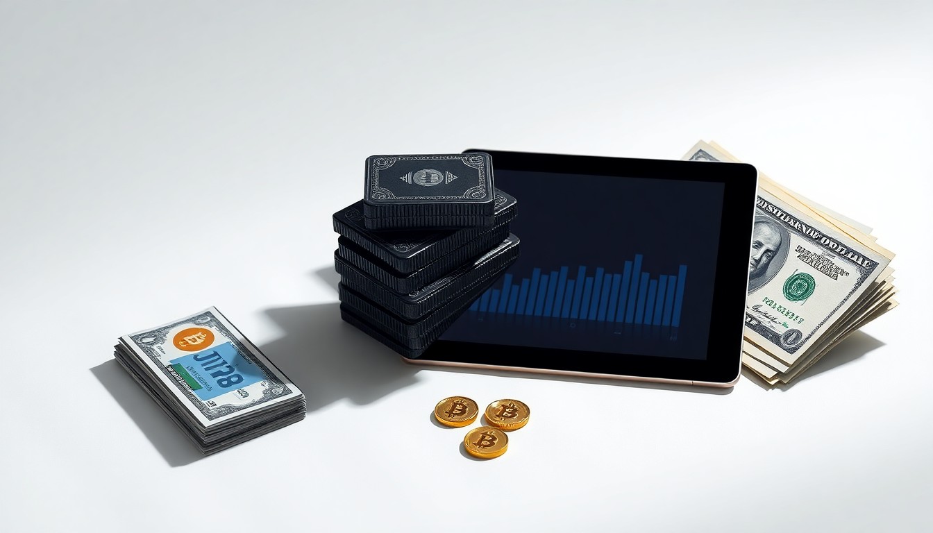 A high-end, photorealistic studio still life featuring cryptocurrency hardware wallets, a fintech app on a tablet, and U.S. dollar bills, symbolizing the abstract concepts of global finance, crypto payments, and the future of talent acquisition in the fintech industry.