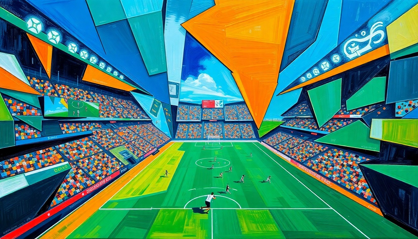 A cubist, geometric painting depicting a fragmented football game, with sharp, overlapping shapes in vibrant colors representing the multifaceted nature of veteran quarterback Joe Flacco's situation in the NFL.