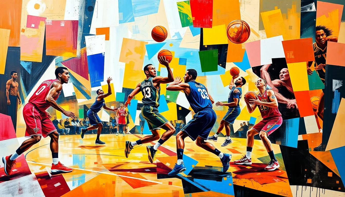 A fractured, cubist-style painting depicting the energy and movement of a basketball game, with players' bodies and the ball breaking down into abstract geometric shapes and planes of vibrant colors.