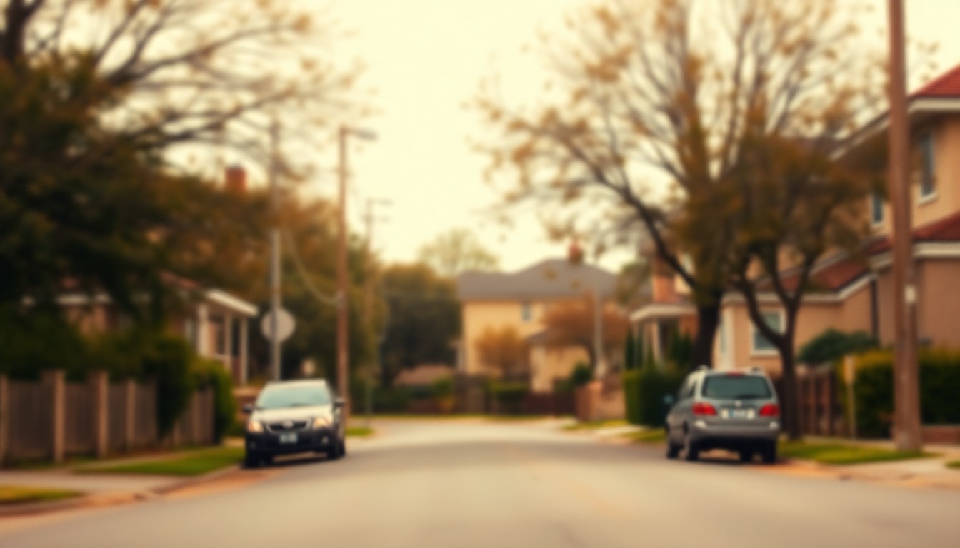 An abstract, impressionistic photograph in soft, hazy tones depicting a residential street scene, conceptually representing the idea of homeownership and property taxes.