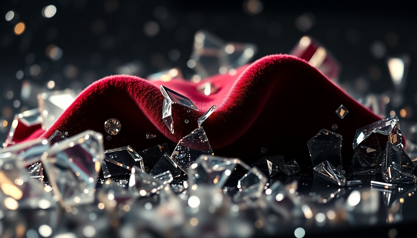 An extreme close-up of shattered glass and metallic textures, reflecting dramatic studio lighting to create a high-fashion, glamorous aesthetic that conceptually represents the collaborative effort and technical precision behind modern Bollywood action sequences.