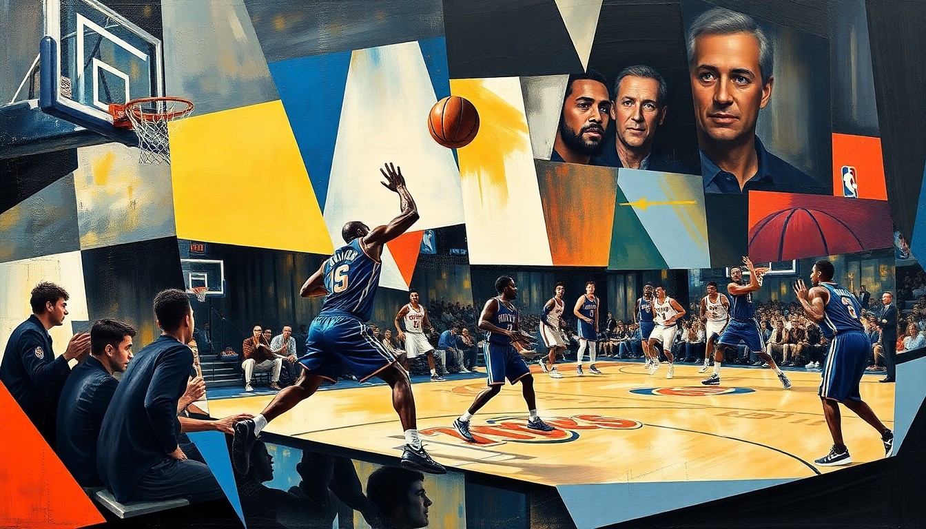A fractured, multi-perspective painting in a cubist style, depicting the action and intensity of a basketball game between the Oklahoma City Thunder and New York Knicks. The players' movements and the game's dynamics are captured through sharp, overlapping geometric planes, creating a visually striking and conceptual representation of the event.