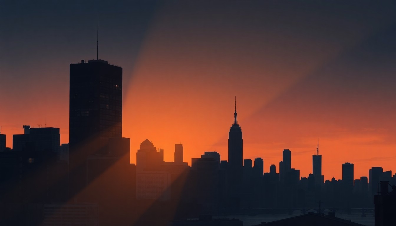 A cinematic painting of the New York City skyline at dusk, with a lone office building bathed in warm, diagonal sunlight and deep shadows, conceptually representing the administration's efforts to hold corporations accountable and deliver economic relief to working New Yorkers.