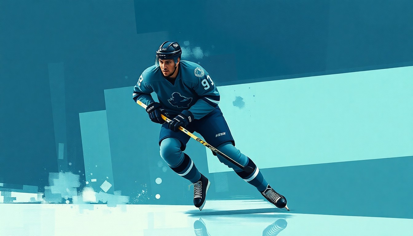 A cubist-style painting depicting a hockey player in action, with their body and movement broken down into sharp, overlapping geometric shapes in muted blue, green, and grey tones, conveying the complexity of Garland's situation in Columbus.