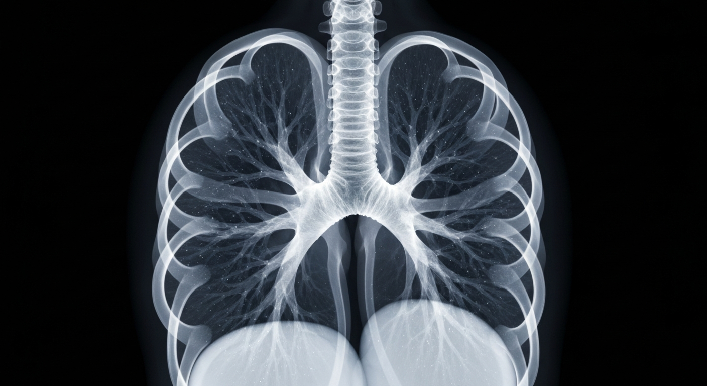 An extreme close-up X-ray photograph revealing the delicate internal structure of a human lung, with fine particulate matter suspended within the alveoli, conceptually illustrating the health hazards of poor air quality at outdoor events.