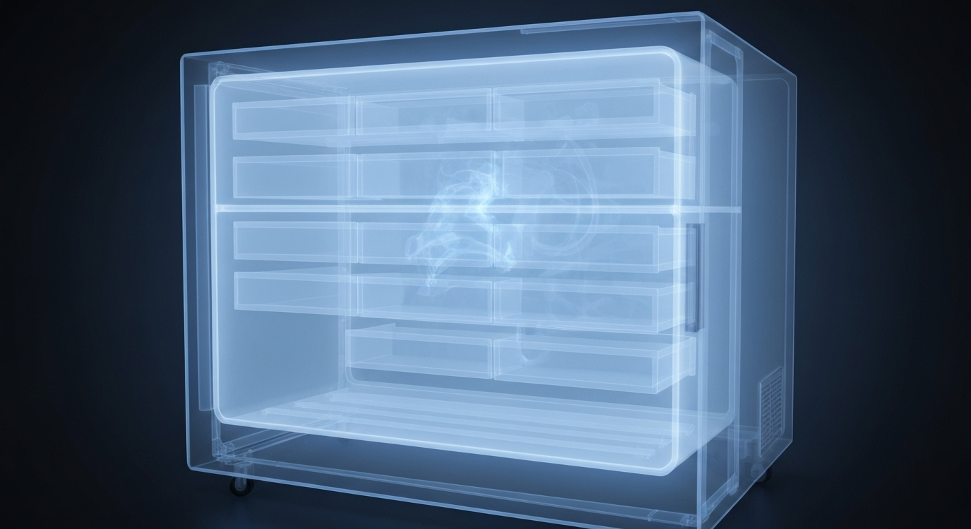 A ghostly, translucent X-ray photograph reveals the internal structure of a medical freezer unit, its components glowing with a faint blue light, conceptually representing the vulnerability of Canada's emergency medical stockpile.