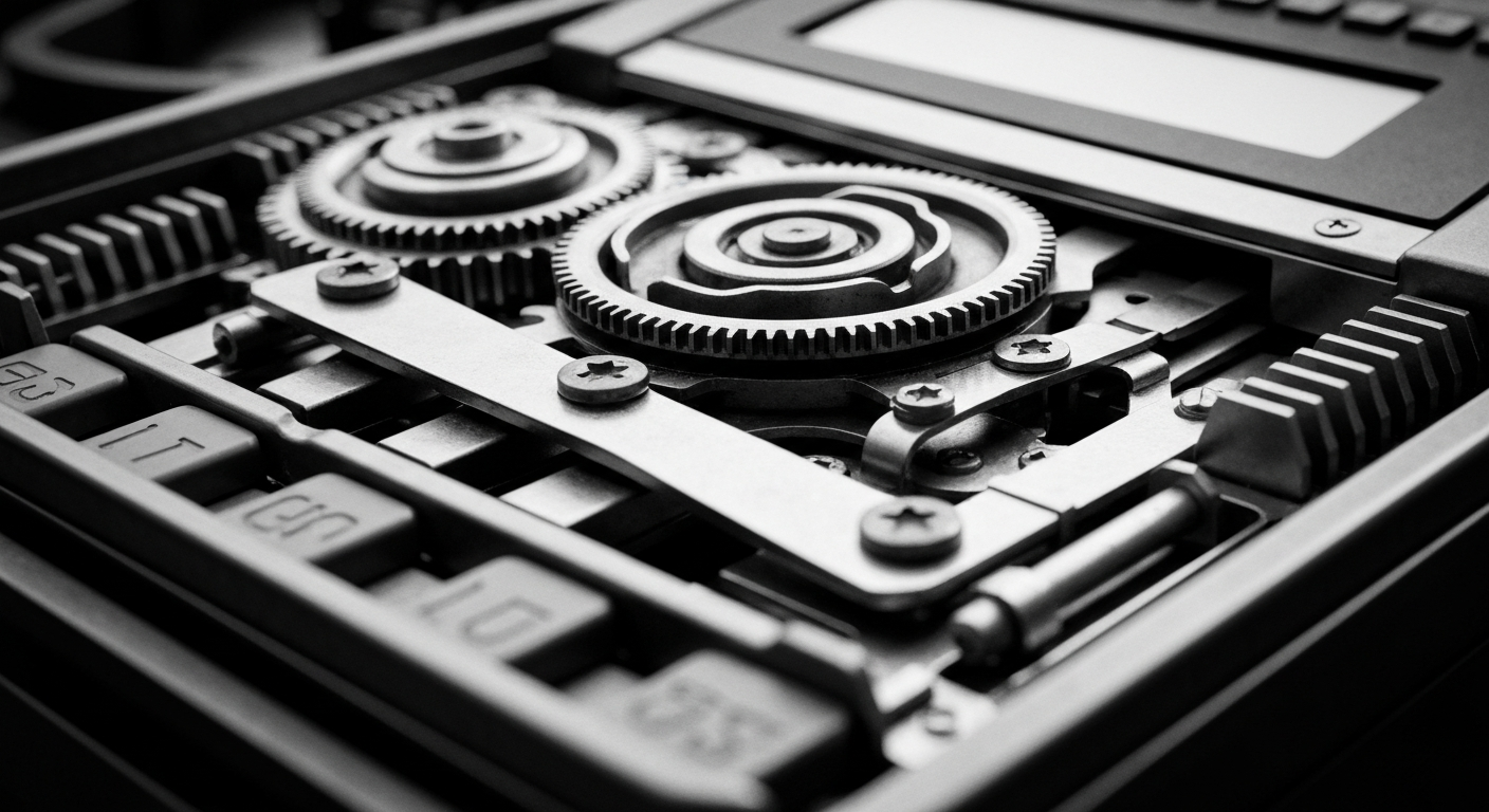 A high-contrast black and white close-up image of the complex internal mechanisms and gears of a Visa credit card payment terminal, conceptually representing the company's critical role in global financial infrastructure.