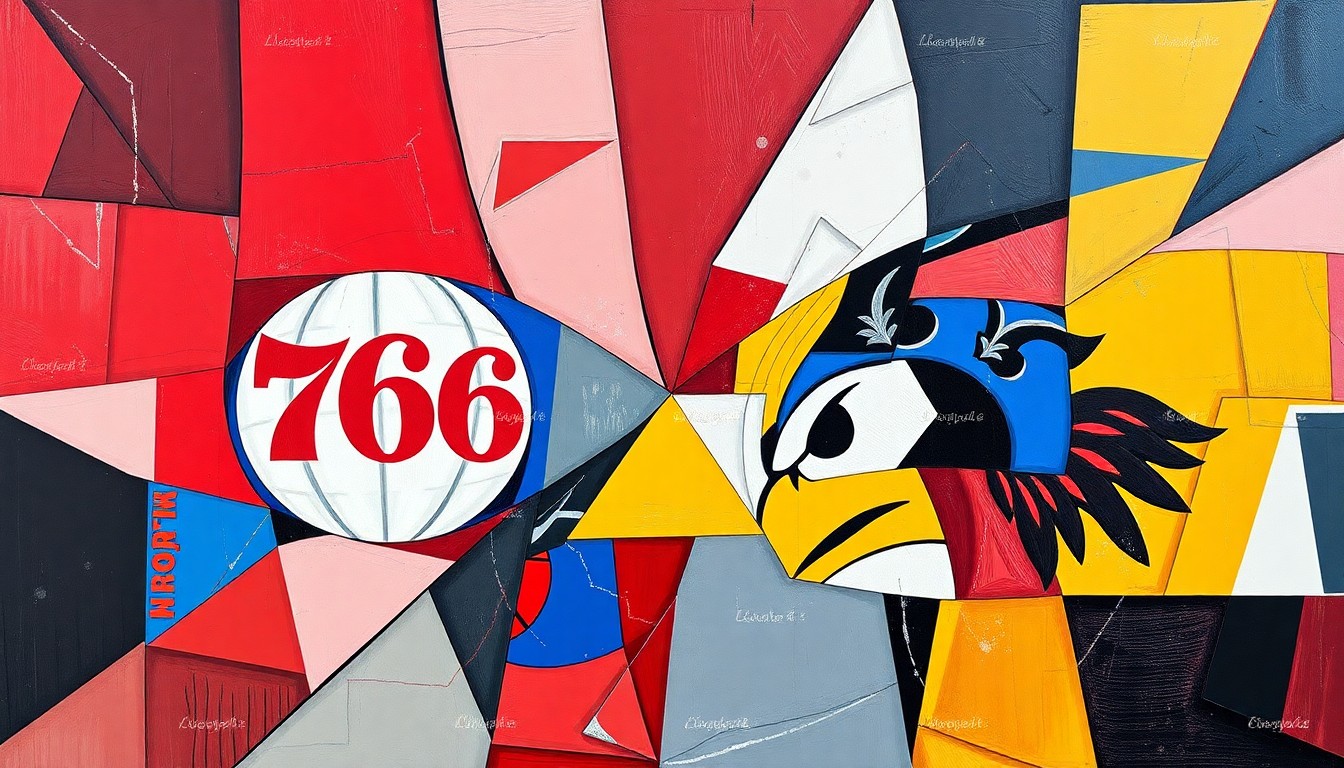 A cubist, geometric painting depicting a fragmented basketball game, with overlapping planes of red, blue, white, red, yellow, and black representing the Philadelphia 76ers and Atlanta Hawks players and action on the court.