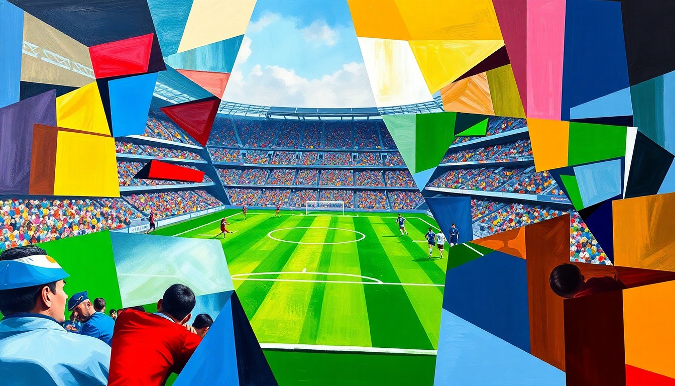 A cubist-style painting depicting a fragmented, geometric interpretation of a football match, with overlapping shapes and planes in the teams' official colors, conveying the complexity and controversy surrounding the use of VAR in the FA Cup.