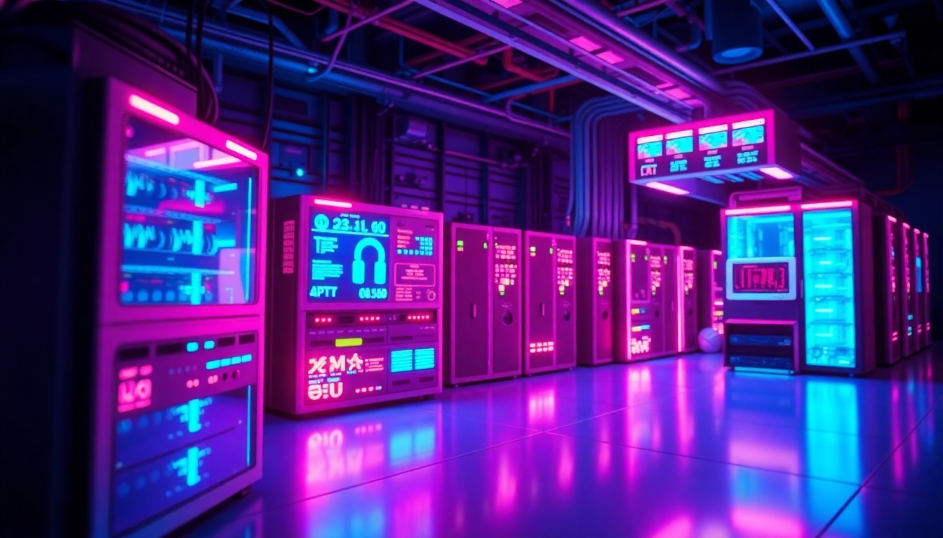 A detailed, glowing 3D illustration of various interconnected technology components, such as servers, networking equipment, and security monitoring devices, bathed in a vibrant neon cyan and magenta color scheme, representing the advanced technology donated by TrybeNet to enhance Ghana's security infrastructure.