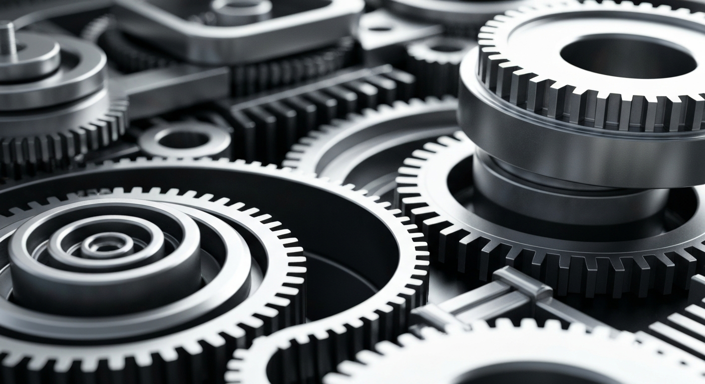 A highly detailed, cinematic close-up image of the inner workings of semiconductor manufacturing equipment, with gears, circuits, and other industrial components filling the frame in shades of silver, steel, and black.