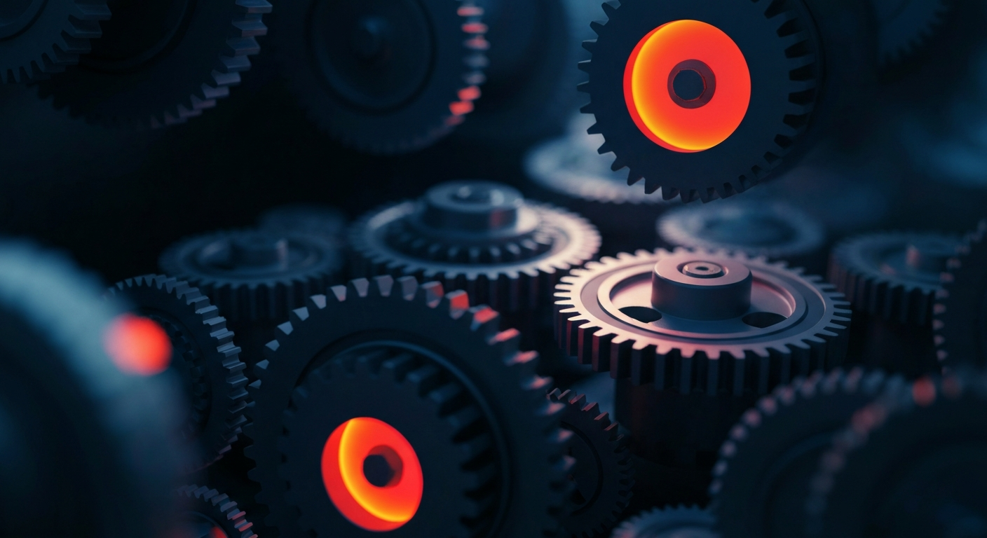 A highly detailed, black-and-white close-up image of the complex mechanical components and industrial hardware that represent the behind-the-scenes financial infrastructure supporting Alphabet's stock.