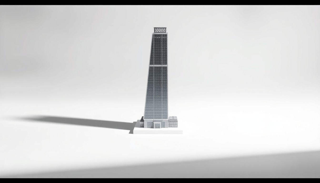 A high-end, photorealistic studio still-life photograph featuring a polished architectural model of the 400 Lake Shore North Tower, captured in dramatic lighting against a clean, monochromatic background, conceptually representing the project's elegant design and strategic vision.