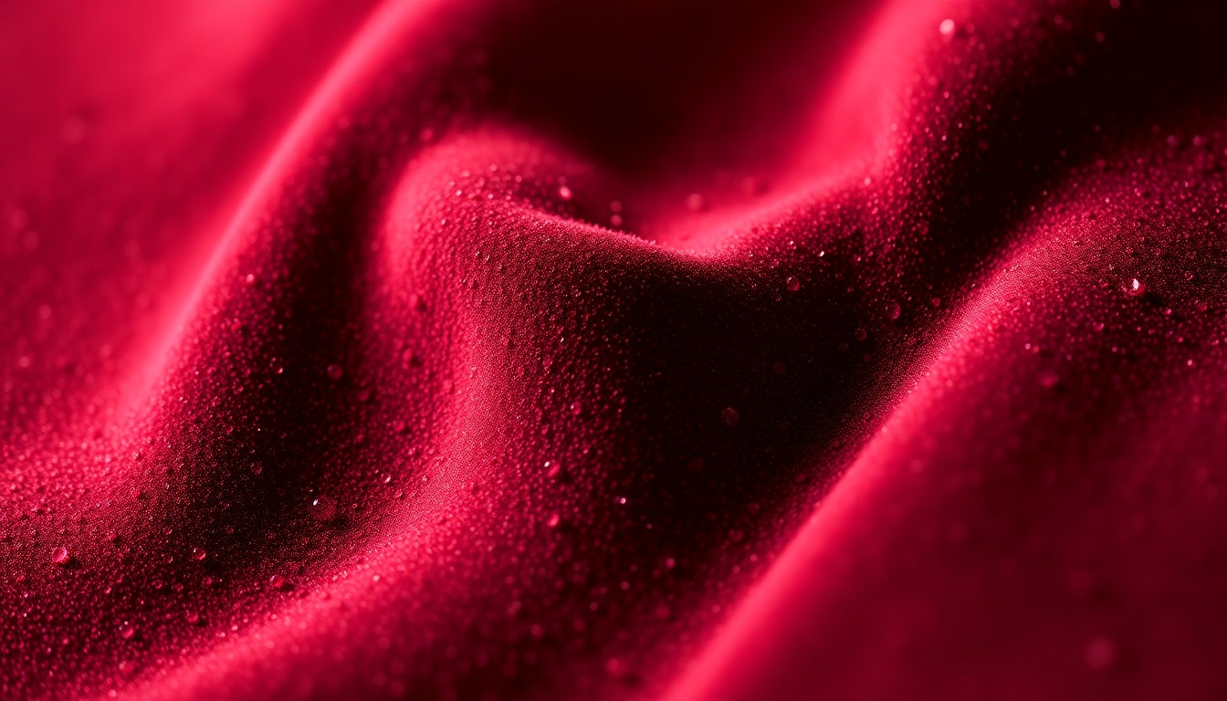 An extreme close-up photograph of a glossy, textured surface in deep red, charcoal grey, and black, capturing the high-end, glamorous aesthetic of the real estate market.