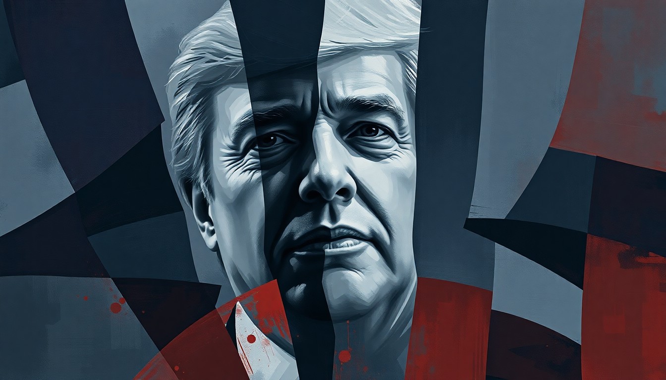 A highly abstract, fragmented painting in shades of blue, grey, and red, depicting a political figure or government building in a state of motion and instability, conveying the tensions and challenges of the current political climate.