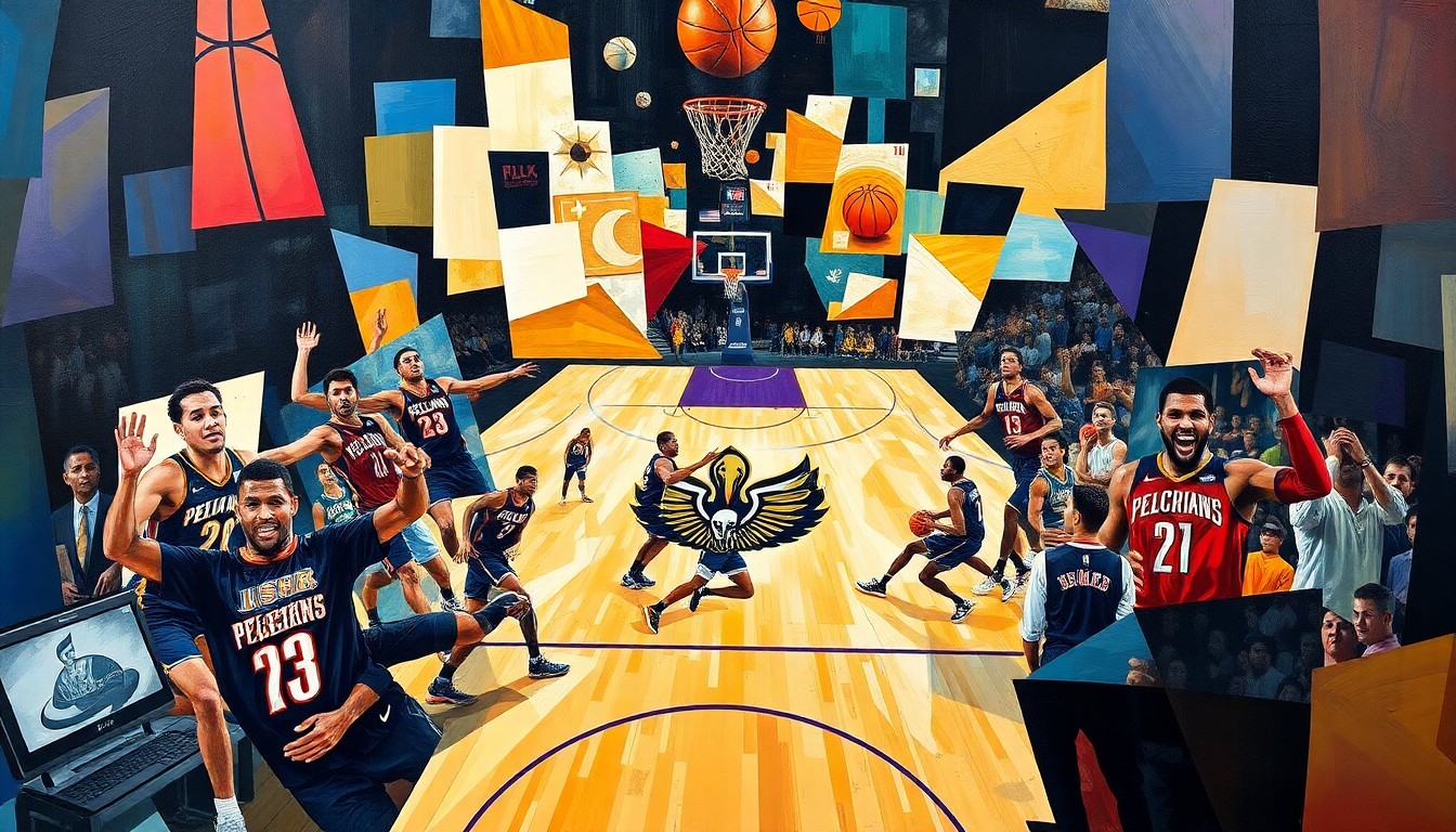 A fragmented, geometric painting depicting the motion and intensity of a basketball game, with players' forms broken down into sharp, overlapping shapes and planes of color.