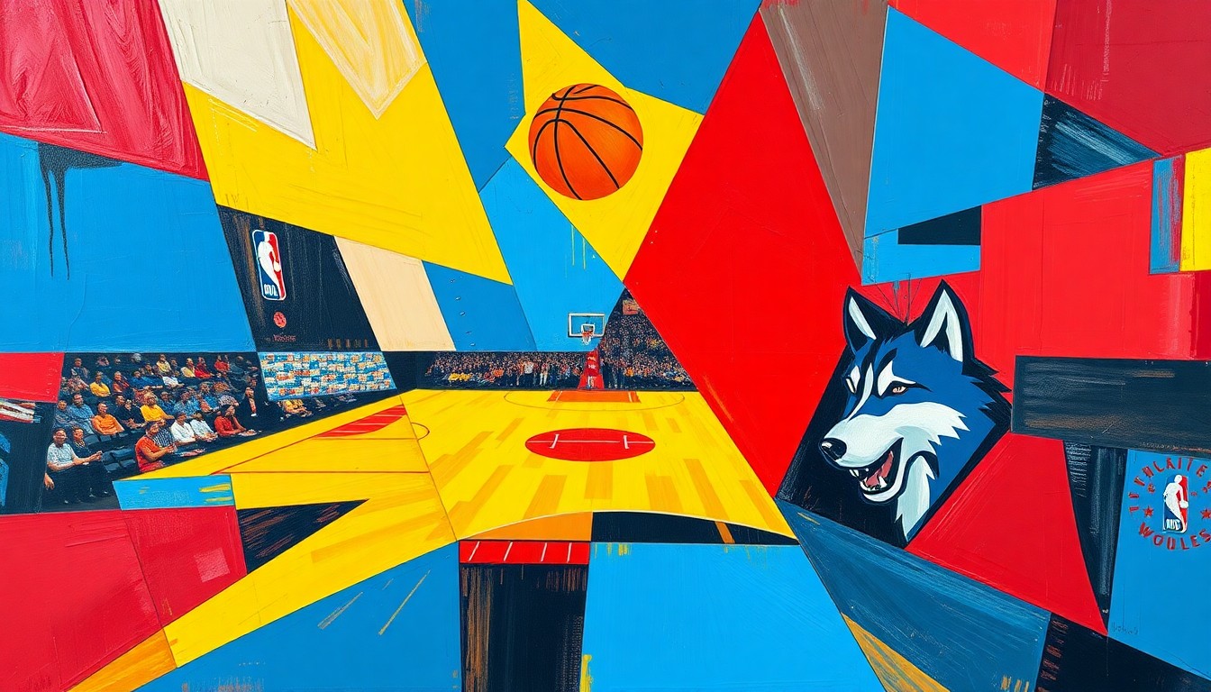 A fractured, cubist-style painting depicting a basketball game between the Houston Rockets and Minnesota Timberwolves, with the players and court broken down into sharp, overlapping geometric shapes in vibrant colors.