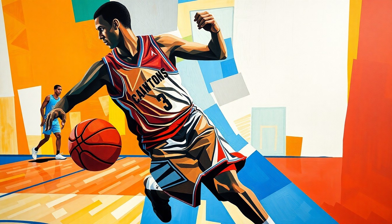 A cubist, geometric painting depicting a basketball player's movements and actions on the court, with the player's jersey and court lines deconstructed into a vibrant, overlapping composition.
