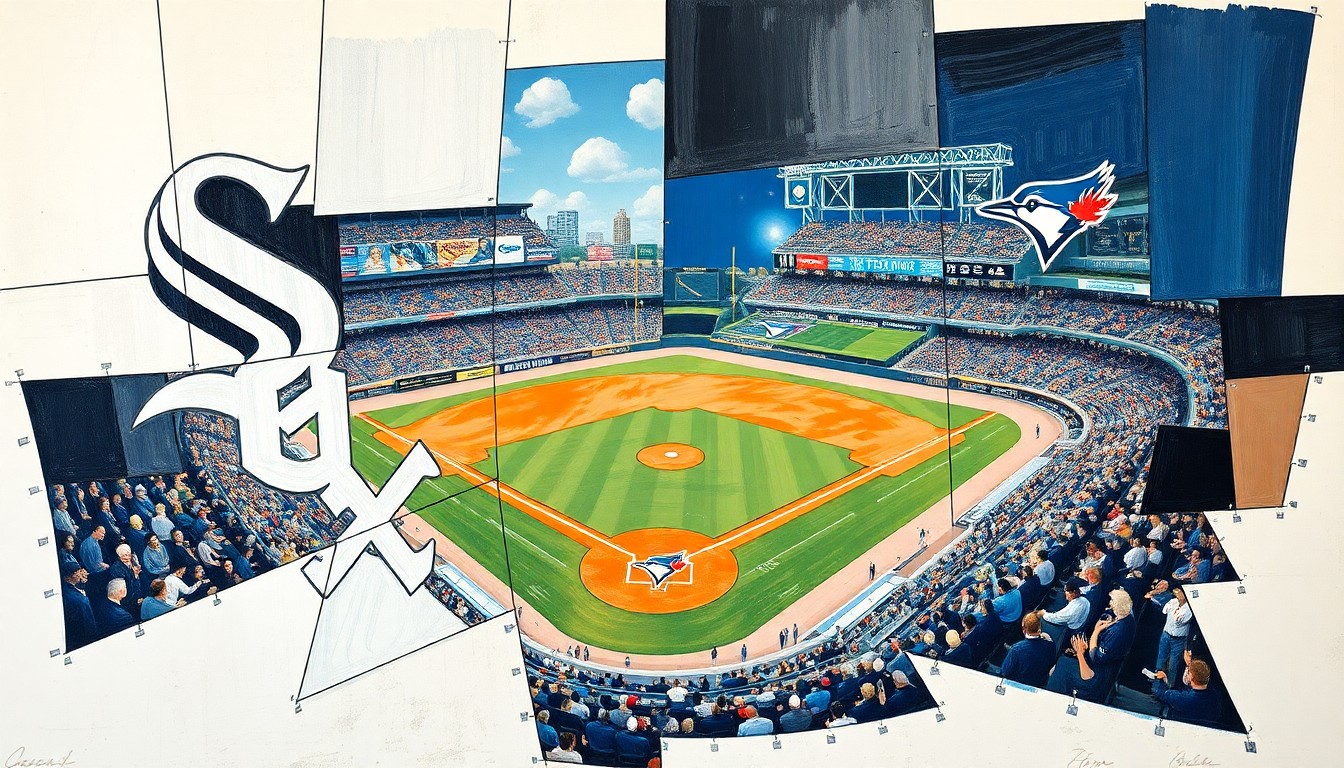 A cubist, geometric painting depicting a baseball game in progress, with the players and field broken down into sharp, overlapping planes of color and shape, reflecting the disruptive nature of weather on sporting events.