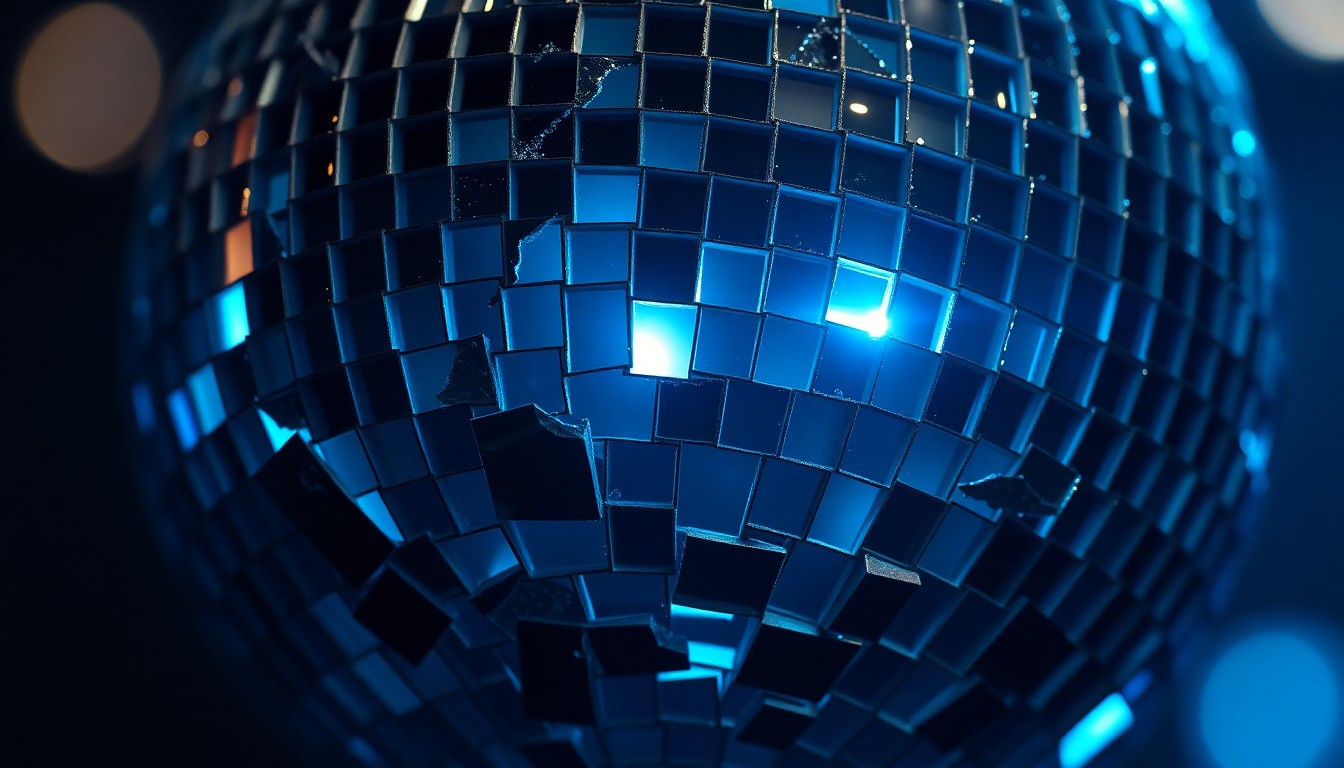 An abstract close-up image of a shattered, glittering disco ball reflecting a faint, haunting blue light, conveying the fragility and loss associated with the passing of filmmaker David Lynch.