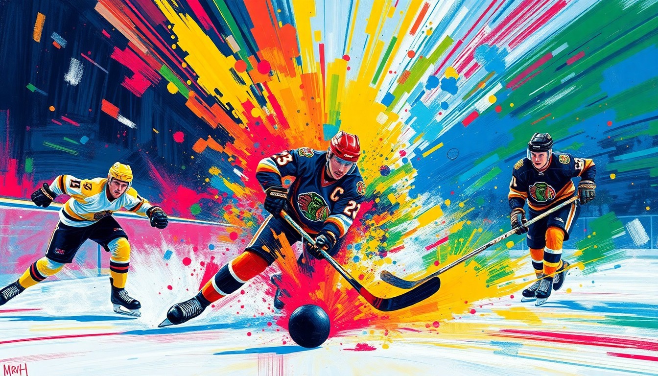An abstract, energetic painting in neon colors, capturing the dynamic movement and intensity of a hockey game, with players' forms and the puck blending into a vibrant, expressionist composition.