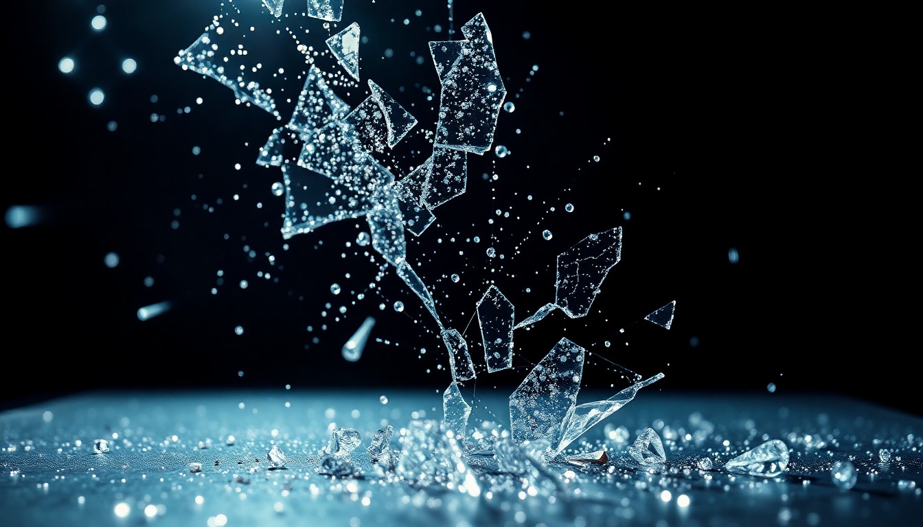 An extreme close-up of shimmering, shattered glass fragments reflecting dramatic studio lighting, conceptually representing the hidden challenges of 1990s pop music fame.