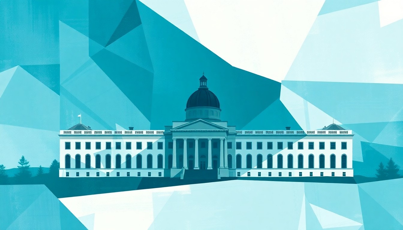 A dynamic, fragmented painting of the Greenland Parliament building, with overlapping geometric shapes and waves of icy blue, teal, and grey colors, conveying a sense of political turmoil and the unknown future.
