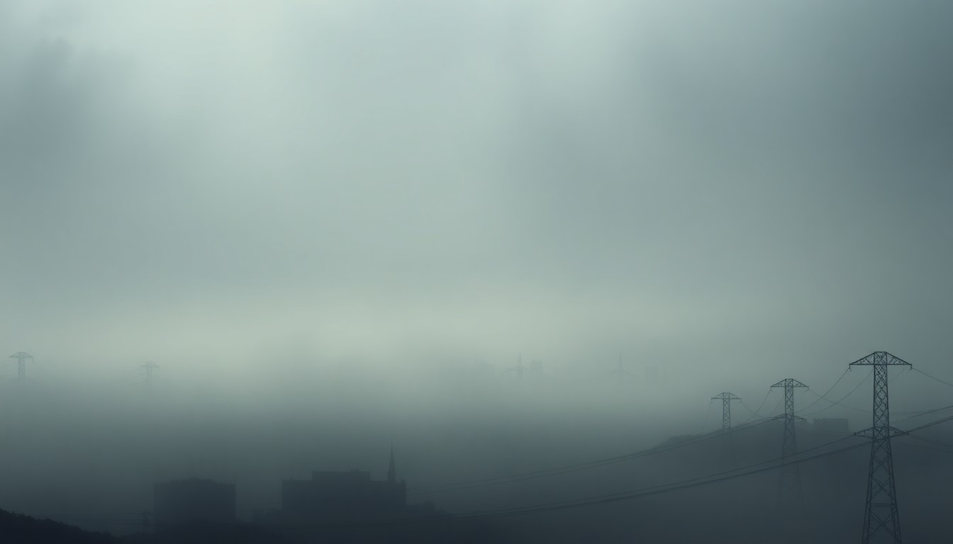 A vast, atmospheric landscape painting in muted tones, with the faint silhouettes of San Francisco's skyline emerging from a dense fog, conveying the overwhelming power of nature and the fragility of urban infrastructure.