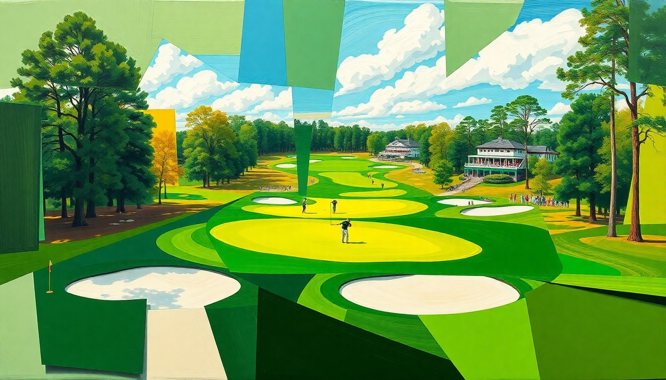 A fractured, multi-perspective painting depicting the Masters Tournament golf action, with sharp, overlapping geometric planes in the official colors of Augusta National Golf Club.