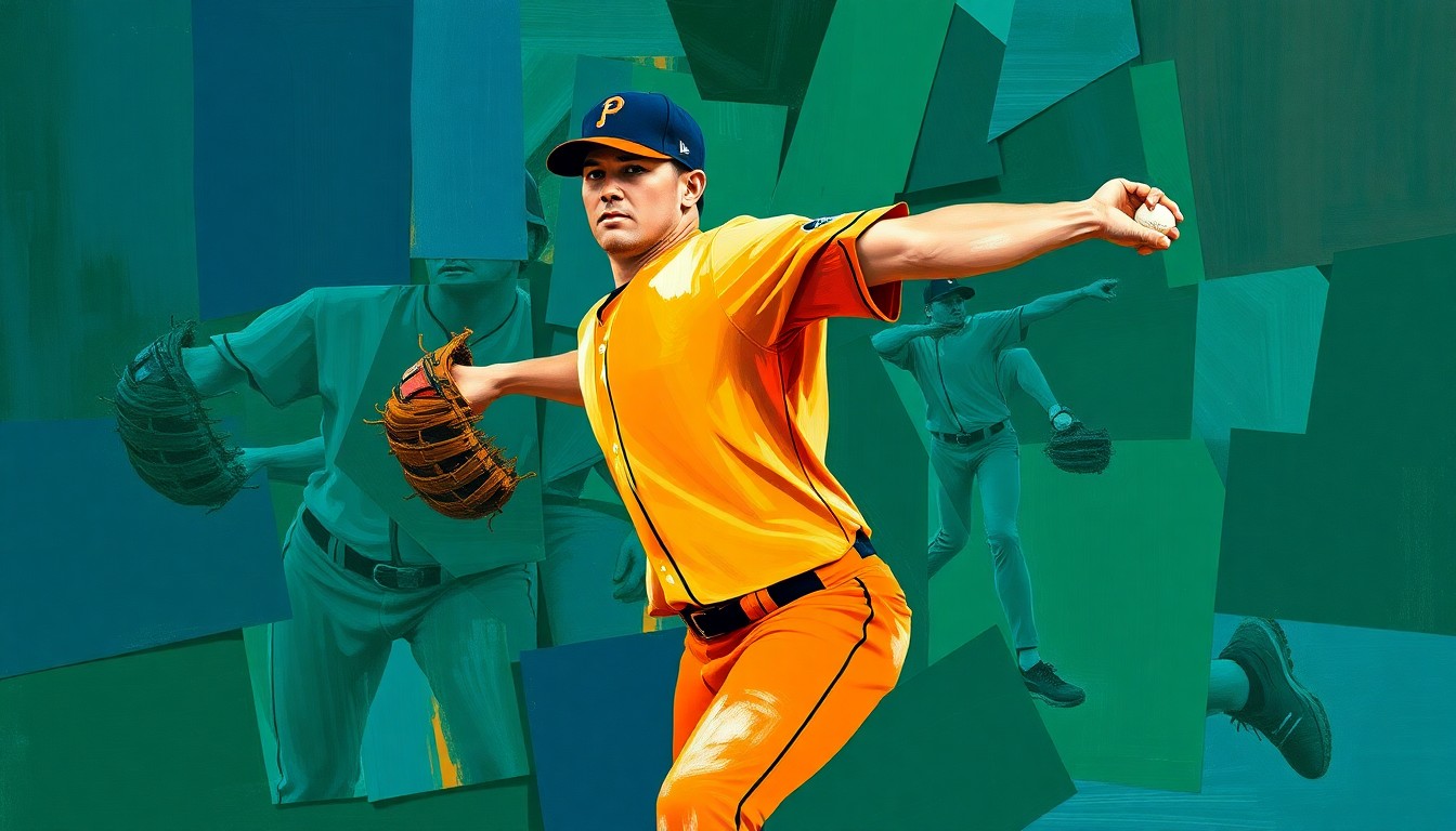 A fragmented, geometric painting depicting a baseball pitcher's motion broken down into overlapping planes of navy, green, and orange, conveying the tension and complexity of salary arbitration in professional sports.