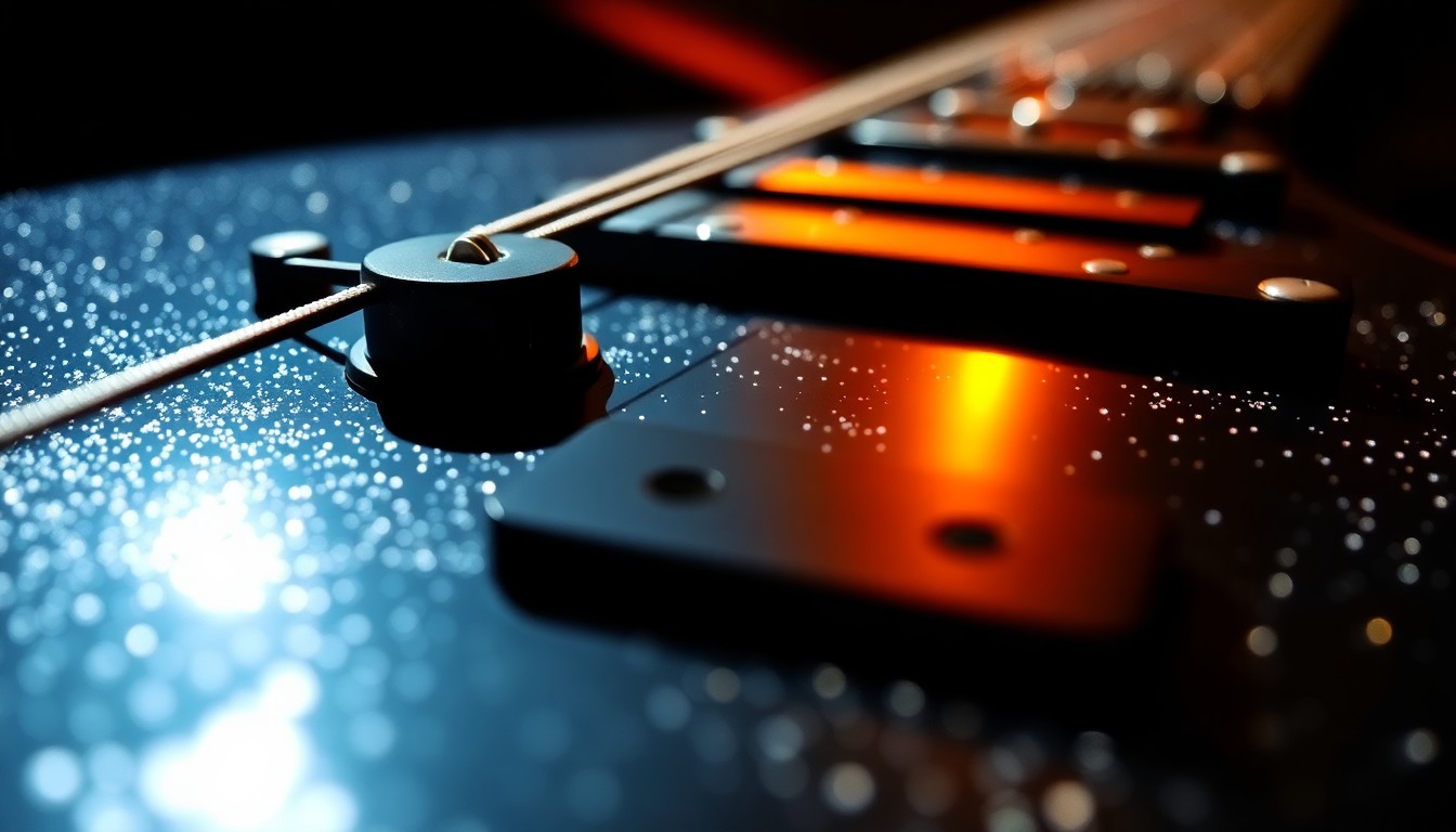 An extreme close-up of the intricate textures and reflections on an electric guitar's strings and fretboard, capturing the essence of the Eagles' iconic sound and stage presence.