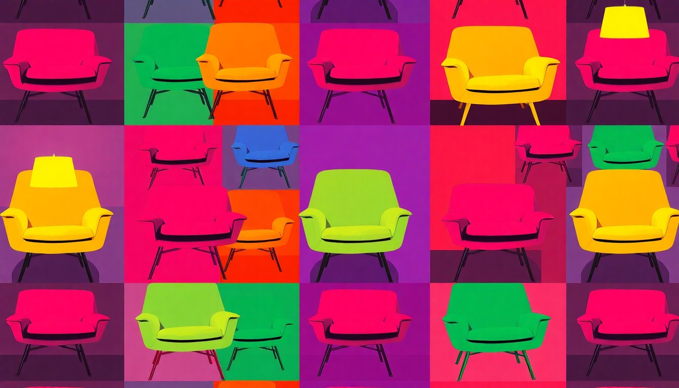 A brightly colored, high-contrast silkscreen print of a mid-century modern chair or lamp, repeated in a tight grid pattern in the style of Andy Warhol, conceptually representing the intersection of fashion, design, and everyday living.