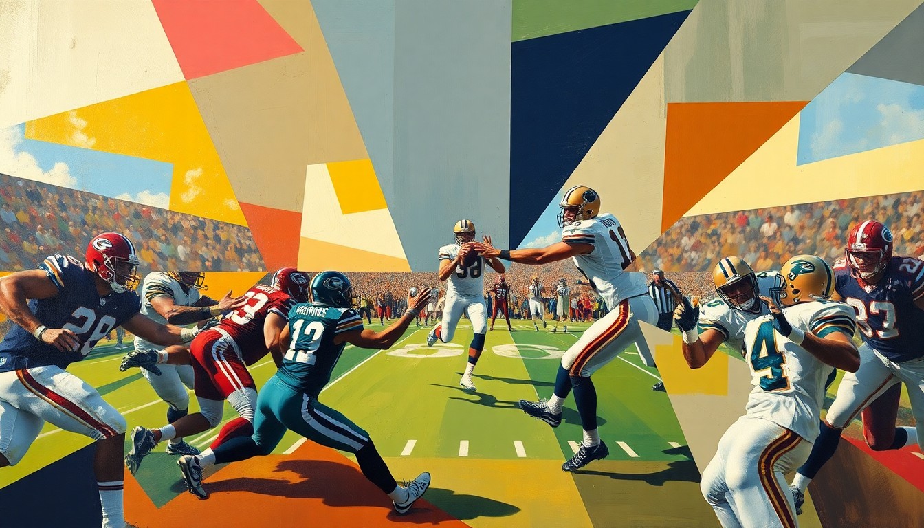 A cubist, geometric painting depicting a football player in motion, with the figure broken down into overlapping angular shapes and planes in shades of brown, blue, and green.