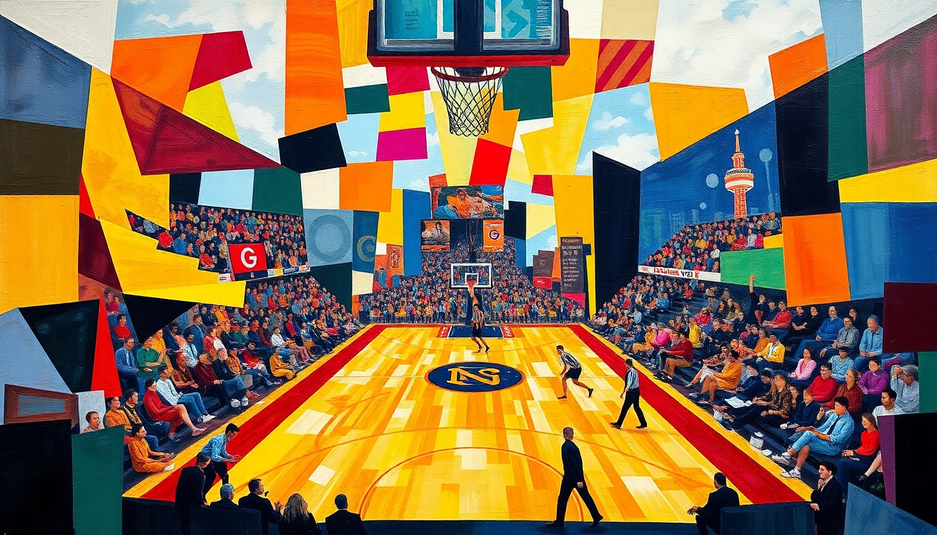 A cubist, geometric painting depicting a basketball game between two teams, with the players and court broken down into overlapping planes of color representing the team's uniforms.