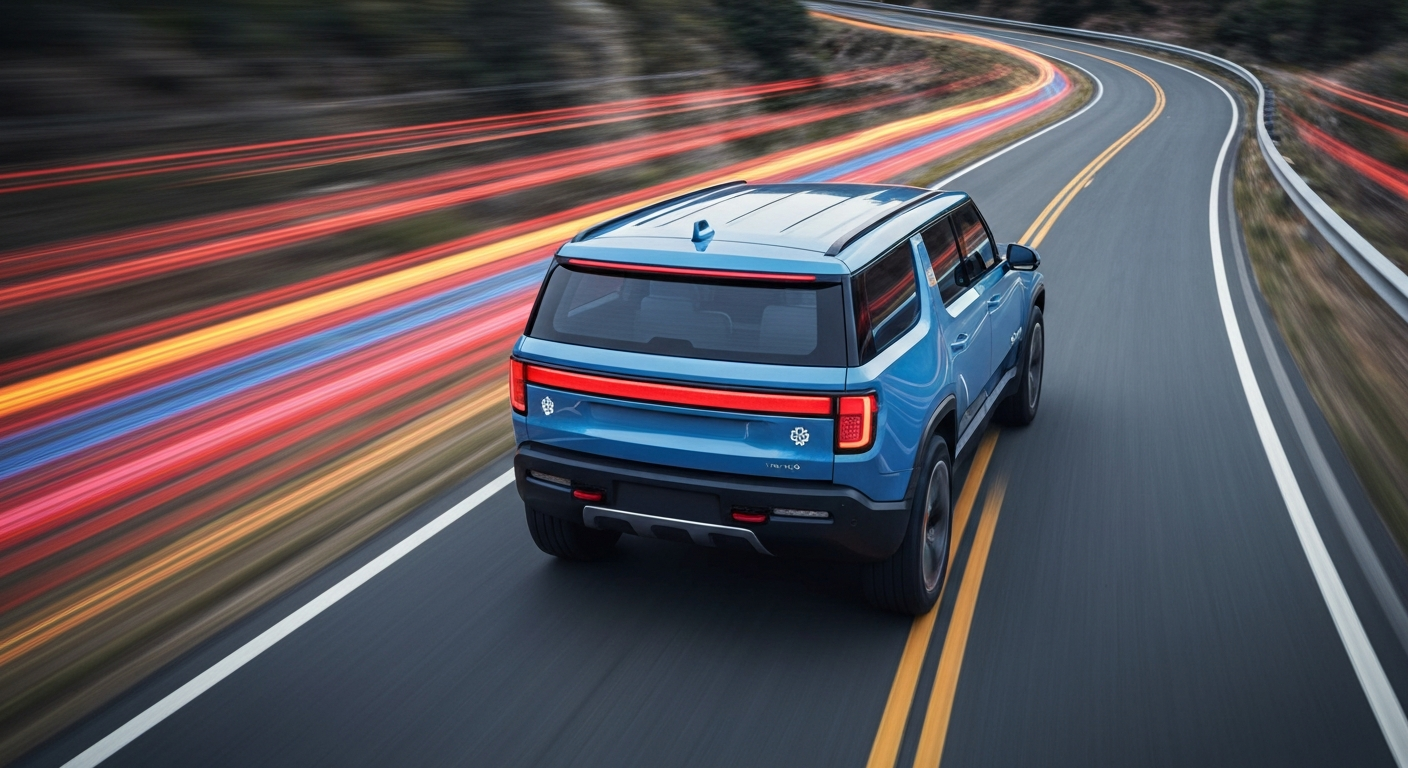 An abstract, blurred image of a Rivian electric vehicle in motion, conveying a sense of speed and advanced autonomous technology.