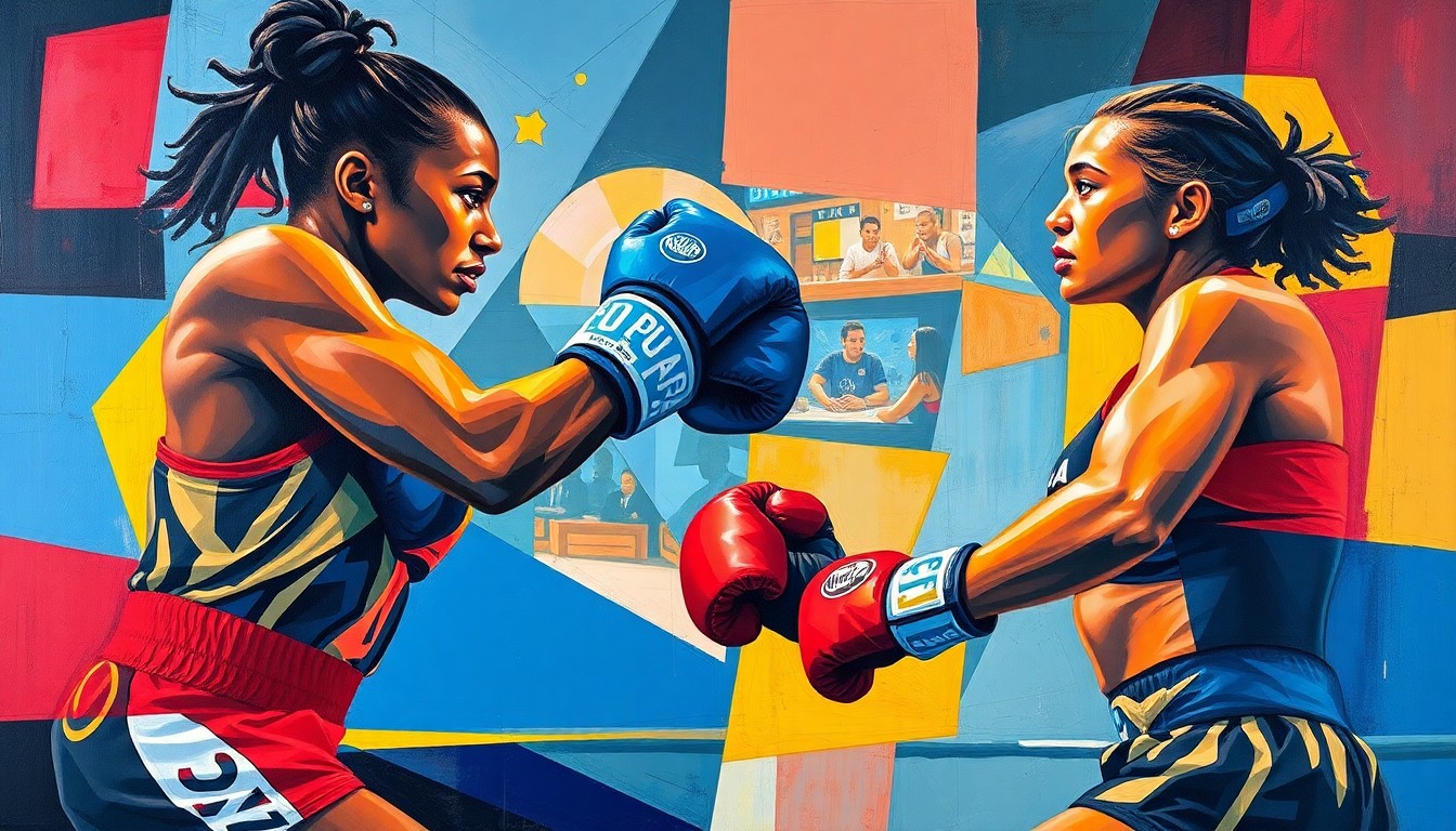 A cubist-style painting depicting a boxing match between Claressa Shields and Caroline Dubois, with the fighters' movements and actions broken down into sharp, overlapping geometric shapes in a vibrant color palette of red, blue, and yellow, capturing the raw energy and power of the sport.