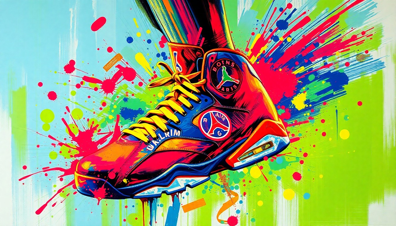 An extreme close-up of a Paris Saint-Germain player's feet wearing the new Air Jordan 6 sneaker, rendered in a vibrant, expressionist painting style with neon colors and rapid brushstrokes that capture the dynamic movement and raw energy of the design.