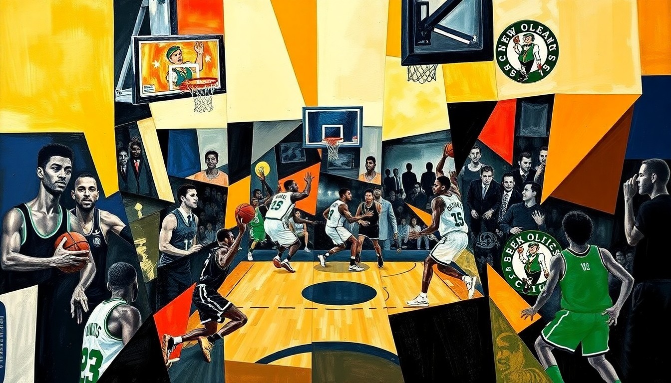 A cubist-style painting featuring overlapping geometric shapes and planes in vibrant colors, representing the movement and energy of a basketball game between two teams.