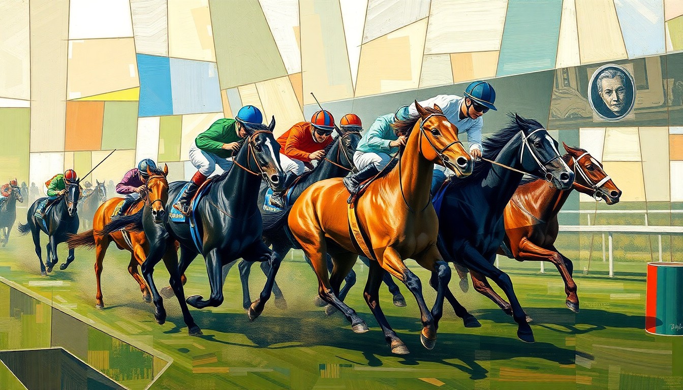 A cubist-style painting depicting a fragmented, geometric representation of a horse race, reflecting the uncertainty and challenges facing the Northern California horse racing community.