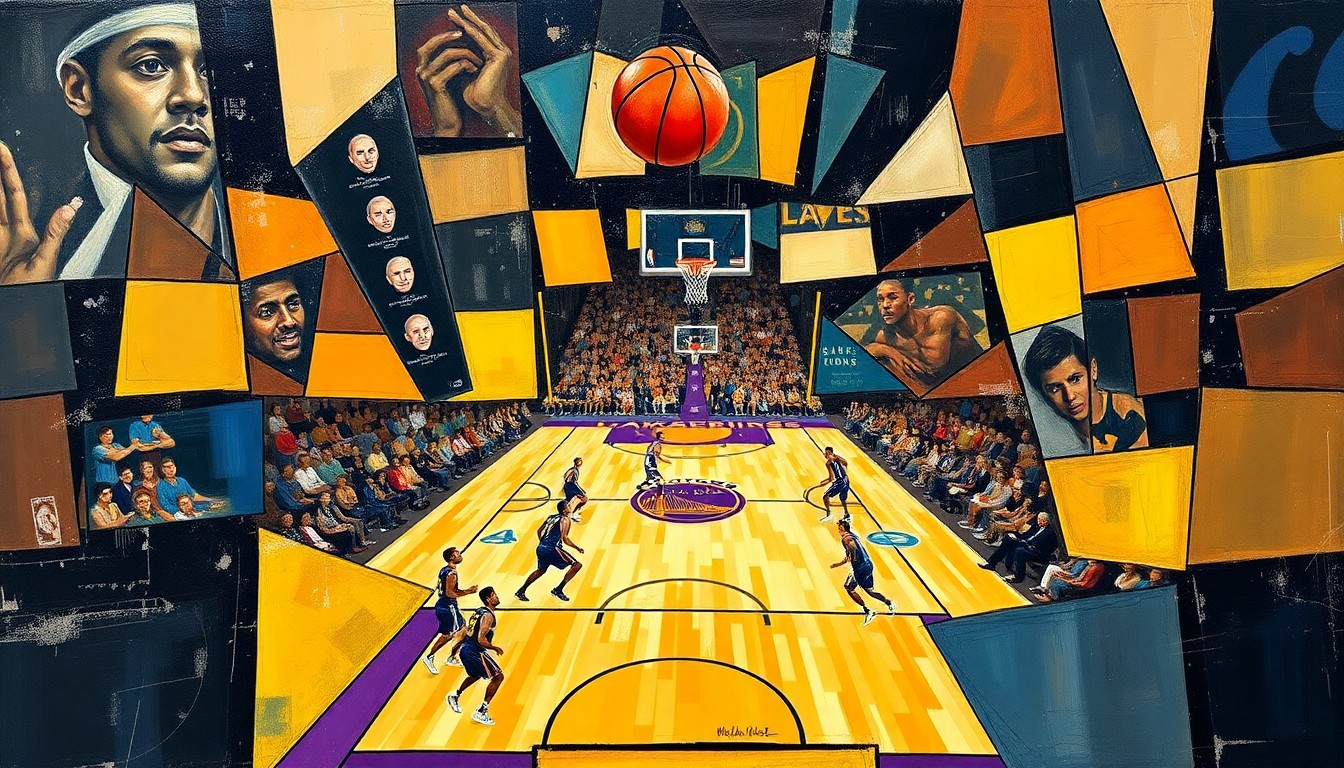 A cubist-style painting depicting a basketball game between the Lakers and Warriors, with the players and court broken down into sharp, geometric shapes and planes of color, capturing the dynamic and ever-changing nature of the NBA.