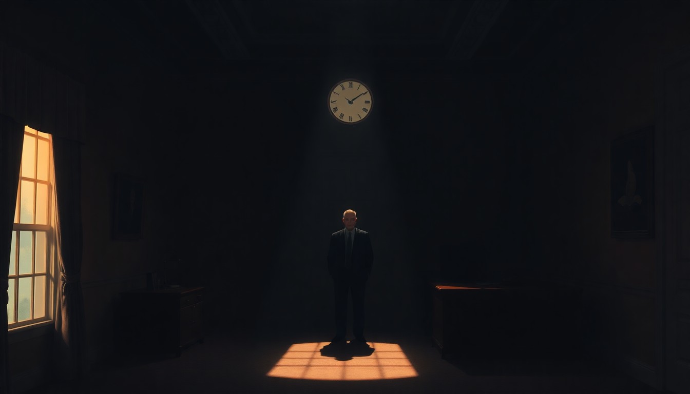 A dimly lit, shadowy government office with a single figure seated at a desk, bathed in warm, diagonal sunlight, conceptually representing the political tensions surrounding the Epstein case.